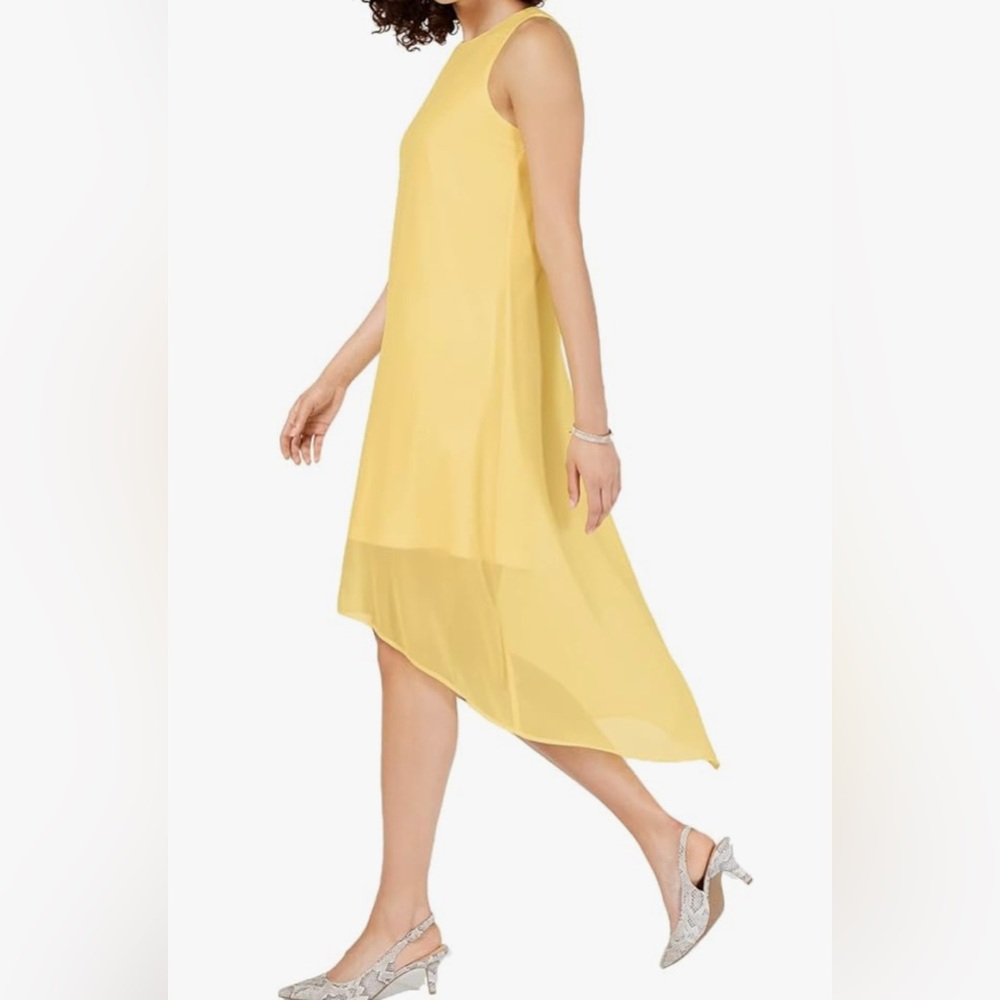 Alfani Women's High-Low Dress Butter Yellow Sleeveless Sheer Shift Dress Sz 6
